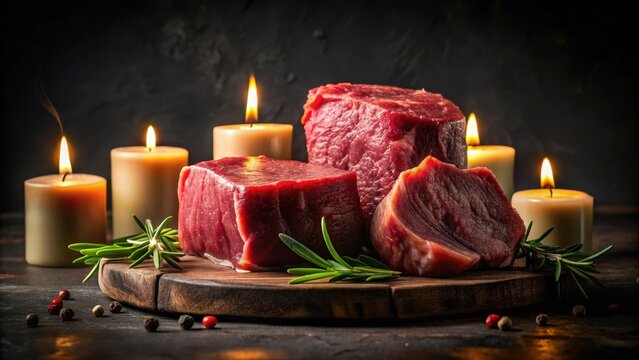 Bodeg?n de chulet?n de tenera sobre fondo negro, beef tenderloin, candles, beef tenderloin, candles
