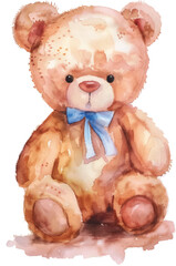 A brown teddy bear wearing blue ribbon sitting on white background