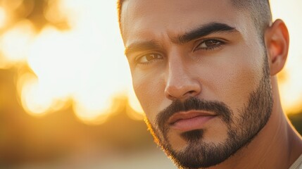 Close-up of a Latino male with a trimmed beard, serious expression, soft background, warm tones
