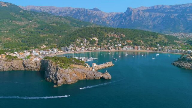 Drone flight in the port of Soller, Mallorca