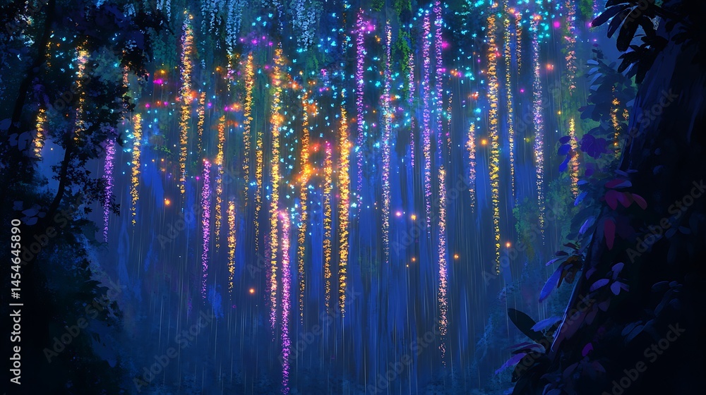 Aufkleber enchanted forest illuminated by colorful lights cascading from above, creating a magical atmosphere