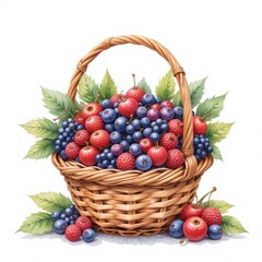 Vibrant Basket Filled With Assorted Berries and Fruits Surrounded by Lush Green Leaves