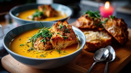 Delicious French Onion Soup with Toasted Bread and Fresh Herbs on Rustic Wooden Board
