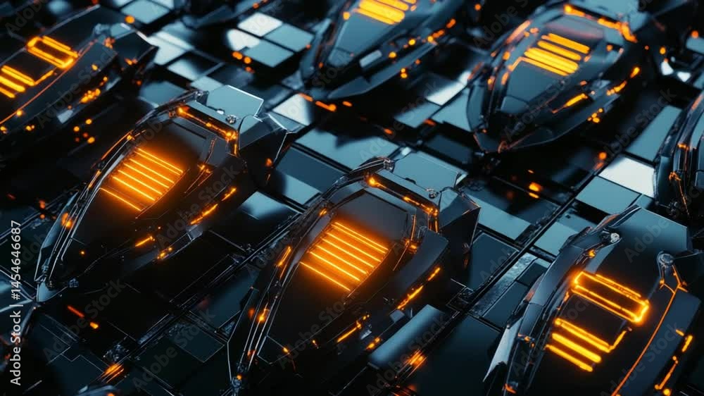 Poster futuristic technological array: abstract sci-fi shields with radiant illumination effect
