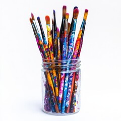 Paintbrushes with colorful paint in a jar isolated on white background