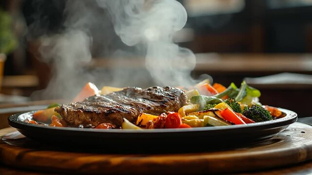 Steaming steak with roasted vegetables on a hot plate