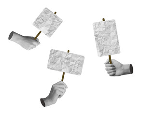 Protest collage with hand holding sign, symbolizing freedom and democracy. Activists, protesters,