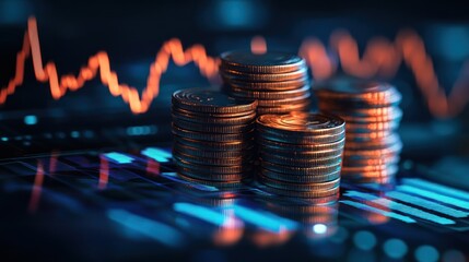 Coins stacked on financial graph; market trends