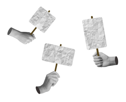 Protest collage with hand holding sign, symbolizing freedom and democracy. Activists, protesters,