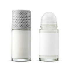 Roll-on antiperspirant deodorant glass bottle with plastic cap and label isolated. Transparent PNG...