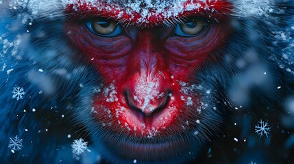 Stunning Close-up Portrait of a Japanese Macaque Amidst Snowflakes in a Tranquil Setting