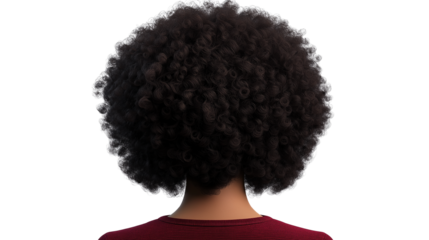 Woman with curly afro hairstyle, from behind, detailed texture, PNG on white