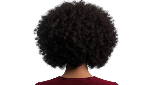 Woman with curly afro hairstyle, from behind, detailed texture, PNG on white