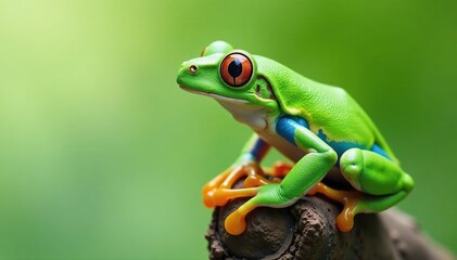 Green tree frog perched on white, vibrant skin, fauna, studio shot, texture