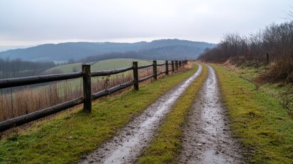 Fototapeta premium Muddy rural path along a wooden fence with hills in the distance under an overcast sky