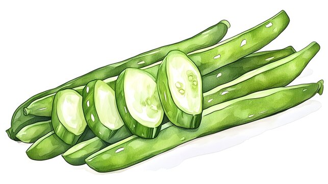 Fresh green beans and cucumber slices, a vibrant food illustration.