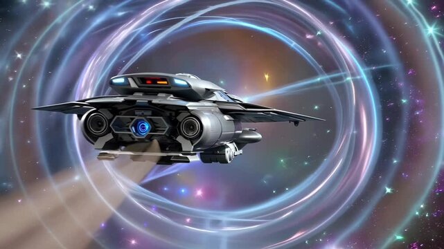 Futuristic spaceship approaches glowing interdimensional portal, surrounded by swirling lights and energy. Mystery and excitement of deep space travel and power of technologically advanced spaceship