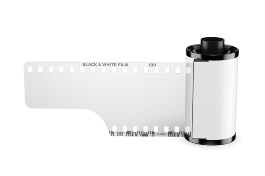 Cassette with black and white 35mm film isolated. 3D rendering illustration. Transparent PNG image.
