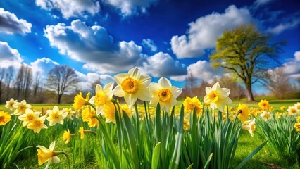 Daffodil flowers swaying gently in a field of green grass, with a few trees in the background and a bright blue sky with fluffy white clouds , blooming, daffodils