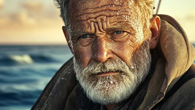 Elderly fisherman with weathered face and icy beard