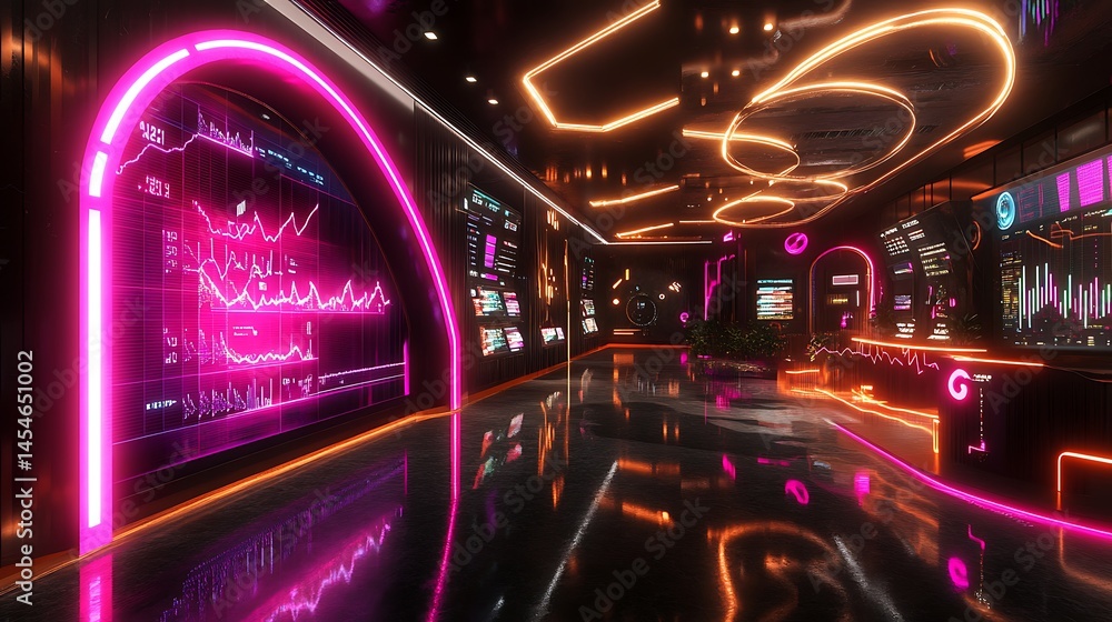 Poster futuristic digital workspace with glowing graphs and screens, showcasing data analysis in a vibrant 