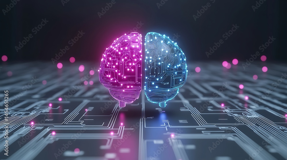 Poster futuristic digital brain split in half showcasing circuitry and glowing particles in a tech environm