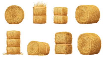 Collection Set of Bales of Hay Isolated on White Background for Farm and Agriculture Design