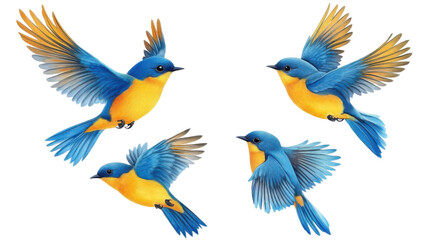 Stunning Collection Set of Flying Blue and Yellow Birds Isolated on White Background for Nature and Wildlife Design