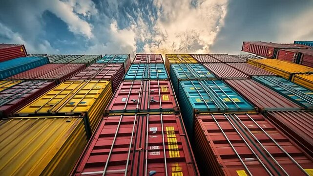 Upward View Of Stacked Shipping Containers In Vibrant Colors Under Cloudy Sky Provides Industrial Backdrop For Global Trade And Transportation Logistics