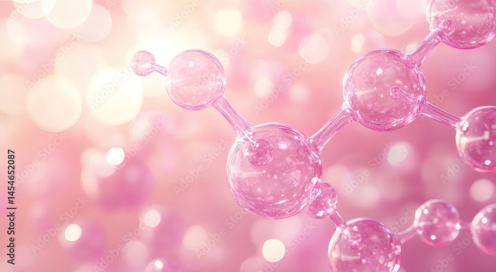 Poster 透明なピンク色の分子構造とライトボケの背景　科学技術とヘルスケアの抽象的なイメージ