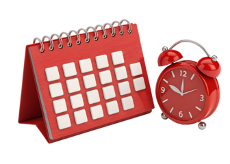 A red desk calendar with white squares and a red alarm clock on a black background in studio shot