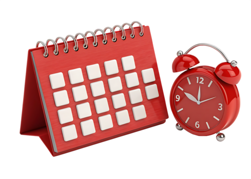 A red desk calendar with white squares and a red alarm clock on a black background in studio shot