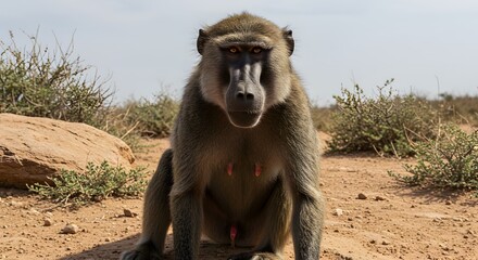 Obraz premium Baboon Sitting on Ground in Tanzania