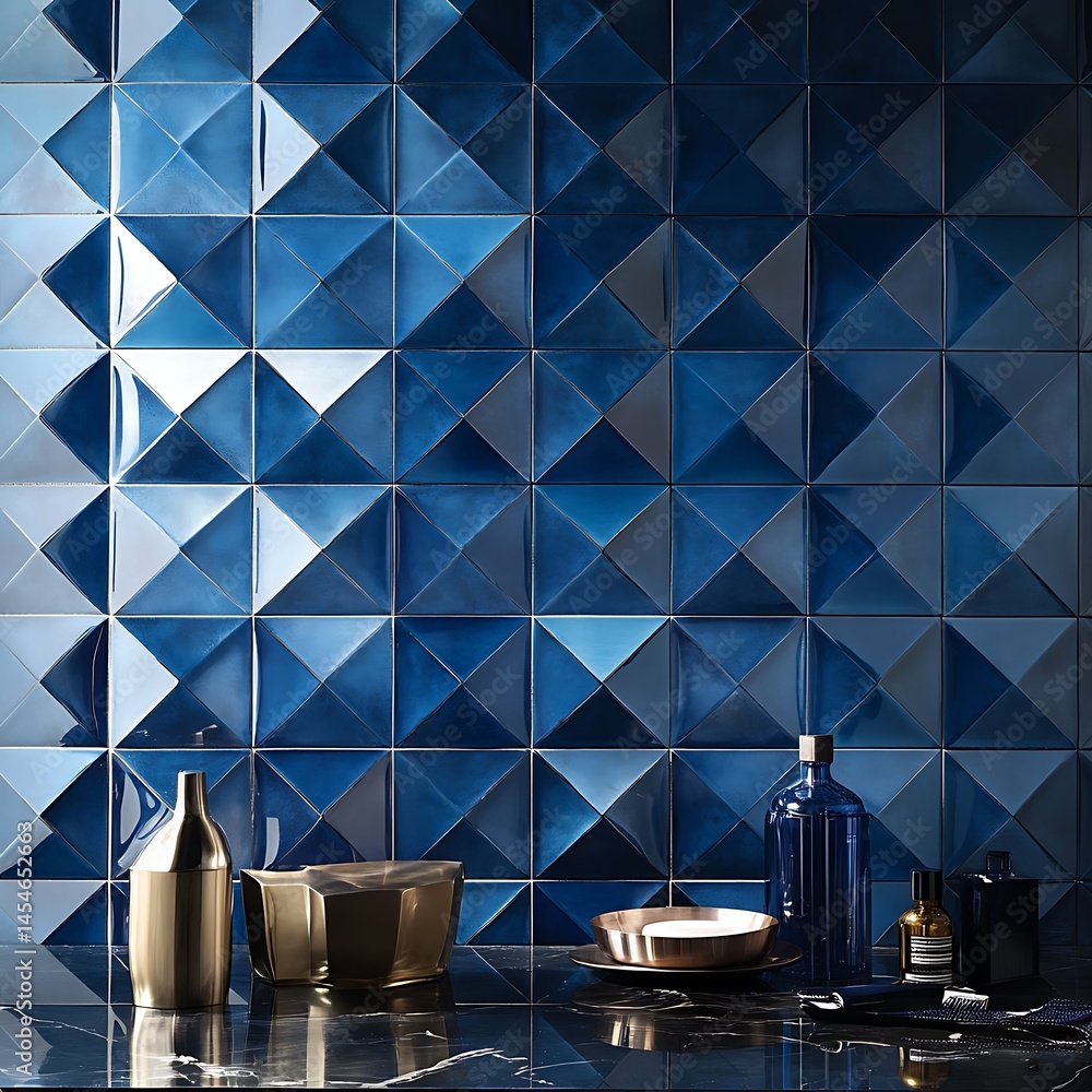 Poster elegant blue tiled wall featuring geometric patterns with decorative objects on a dark surface