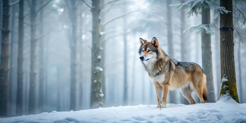 Fototapeta premium Eurasian wolf in forest terrain with snow-covered trees and misty atmosphere , snowy environment
