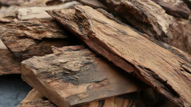Close-up of natural aromatic Agarwood, also known as Oudh or Aloeswood, stacked irregularly showing the textured surface and earthy tones