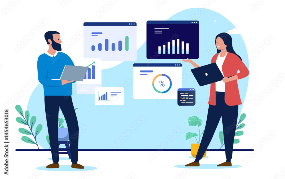 Poster analytics work and data - two people in business looking at charts, graphs and diagrams analysing da