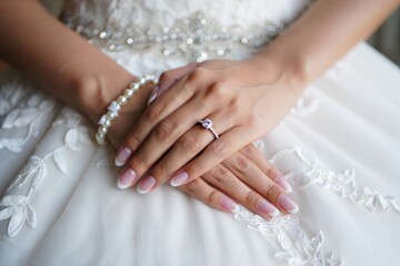 Bride's hands with ring and pearls on lace wedding dress.
