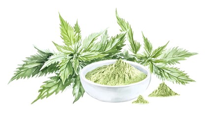 Watercolor illustration of green powder and leaves.