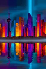 Dark cyberpunk futuristic city lit by flickering neon lights.