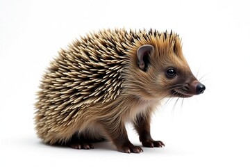 Fototapeta premium Brown hedgehog, standing, looking right, white background , sharp, wild