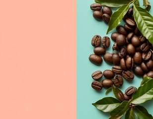 coffee beans with leaves on a pink green pastel background with space for text