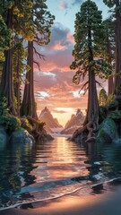 3D landscape of redwood gorge at sunset with man standing by waterway