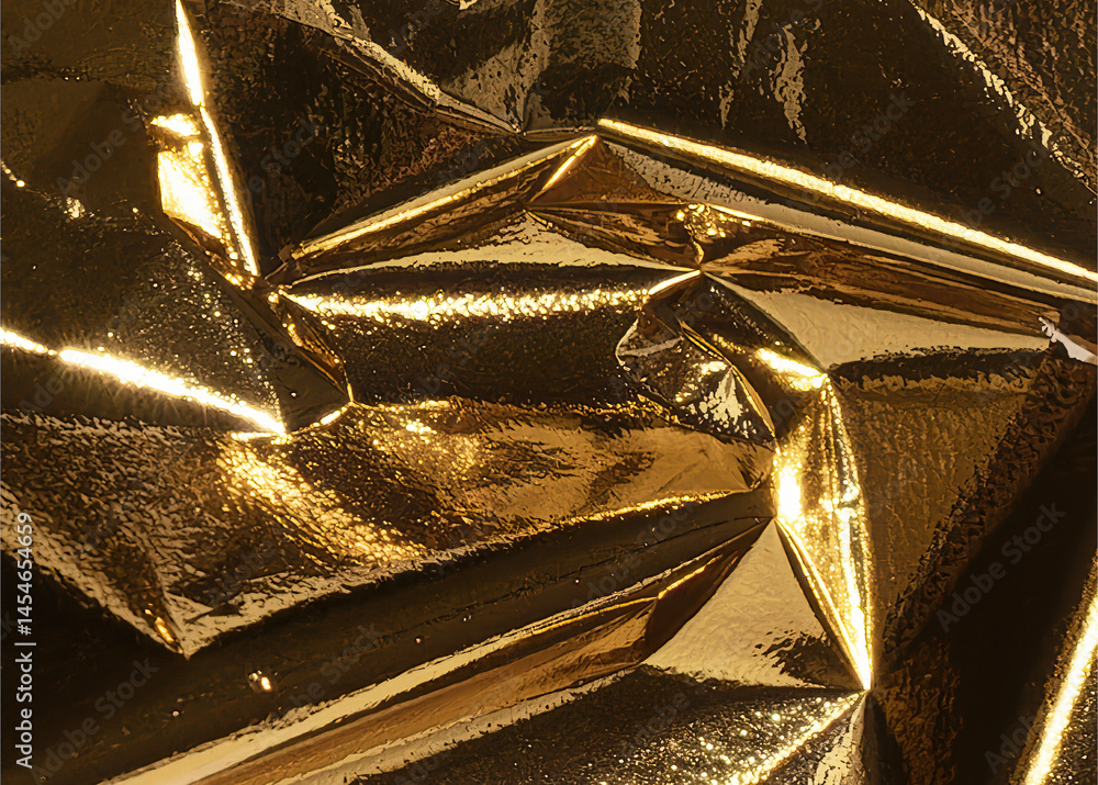 Poster gold foil texture with a shiny, crinkled metallic surface. bright yellow, reflective pattern with a