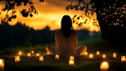 A serene evening meditation scene surrounded by glowing candles and a beautiful sunset.