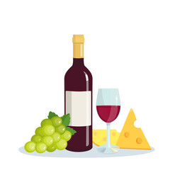 Vector still life with wine, illustration of glass and bottle with red wine, alcoholic drink with grape and cheese in flat style for poster, bar menu print design