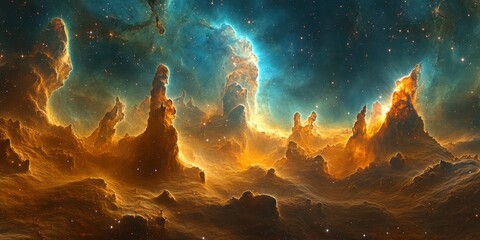 Celestial pillars rise in vibrant hues from cosmic gas clouds in a distant galaxy during a stellar showcase