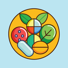 Colorful Icon Style Illustration of Supplements and Natural Medicines in Roundel, Vitamin For Healthy Fitness Vector Illustration