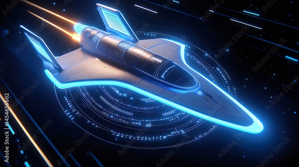 Poster デジタル未来の宇宙船が青い光の中で高速飛行する宇宙空間の抽象的cgイラスト