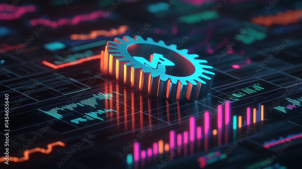 Poster futuristic data visualization with colorful graphs and a gear icon representing technology and innov